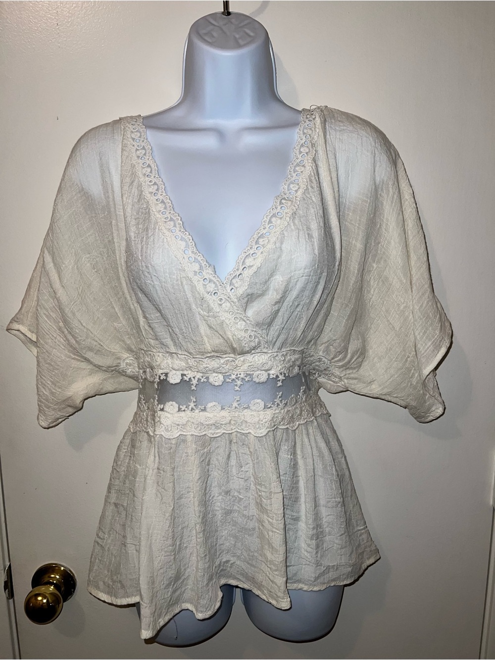 Boho Lace-Trim Ivory Wrap Peplum Top